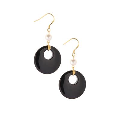 Black Agate Earrings with Kaori Cultured Pearl in Gold Tone Sterling Silver