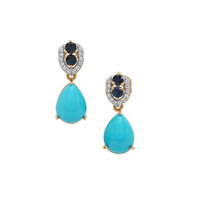Sleeping Beauty Turquoise, Australian Blue Sapphire Earrings with White Zircon in 9K Gold 7.25cts