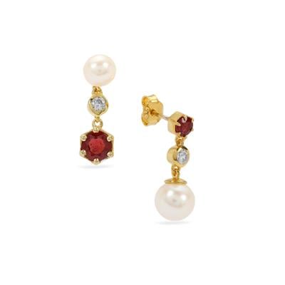 Malagasy Ruby, White Zircon Earrings with Cultured Pearl in Gold Plated Sterling Silver (6 to 8 MM)
