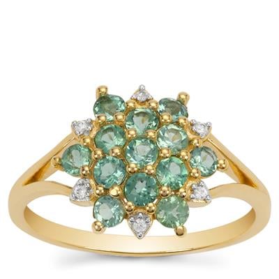 Blue Green Tourmaline Ring with White Zircon in 9K Gold 0.85ct