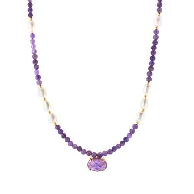 Bahia Amethyst Necklace with Freshwater Cultured Pearl in Gold Tone Sterling Silver