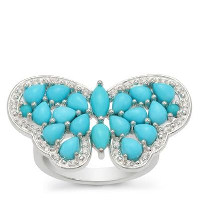 Sleeping Beauty Turquoise Ring with White Zircon in Sterling Silver 3cts