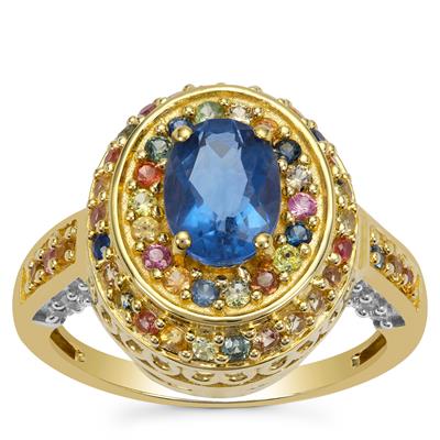 Colour Change Fluorite, Multi-Colour Sapphire Ring with White Zircon in Gold Plated Sterling Silver 2.70cts