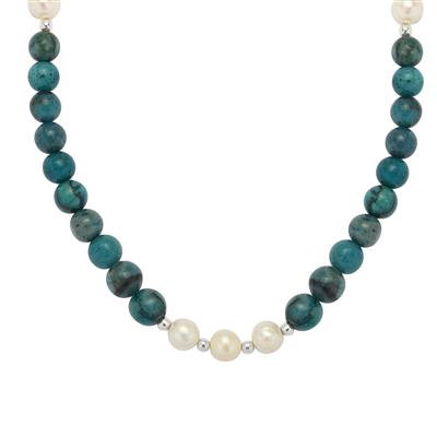 Rough Chrysocolla, Blue Topaz, Rainbow Moonstone, Cultured Pearl Pendant 1 3/4