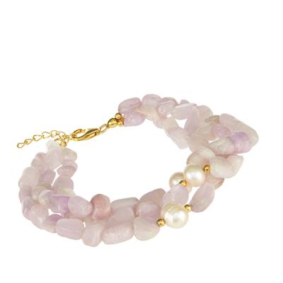 Kunzite Bracelet with Freshwater Cultured Pearl in Gold Tone Sterling Silver 