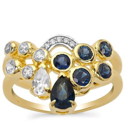 Australian Blue Sapphire Ring with White Zircon in 9K Gold 1.60cts