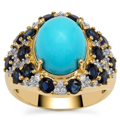 Sleeping Beauty Turquoise, Blue Sapphire Ring with White Zircon in 9K Gold 7.10cts