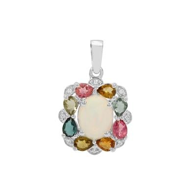 Ethiopian Opal, Multi-Colour Tourmaline Pendant with White Zircon in Sterling Silver 3.25cts