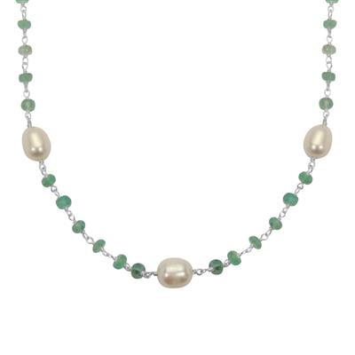 Freshwater Cultured Pearl Necklace with Zambian Emerald in Sterling Silver (10 to 12 MM)