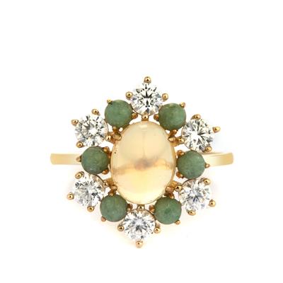 Ethiopian Opal ,Green Jadeite Ring with White Zircon in 9K Gold 3.45cts