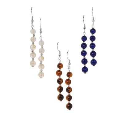 Yellow Tiger's Eye, Labradorite Set of 3 Earrings with Lapis Lazuli in Sterling Silver 46.83cts
