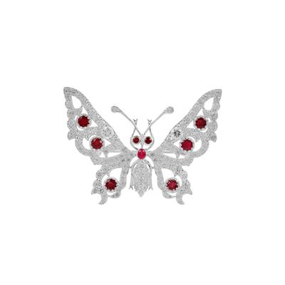 Victorian style Burmese Ruby Butterfly Brooch with White Zircon in Sterling Silver 9.05cts