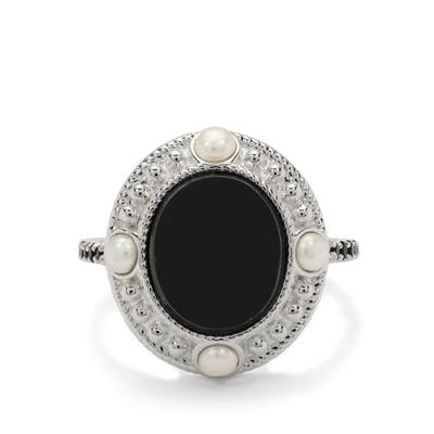 Black Spinel Ring with Freshwater Cultured Pearl in Sterling Silver (3mm)