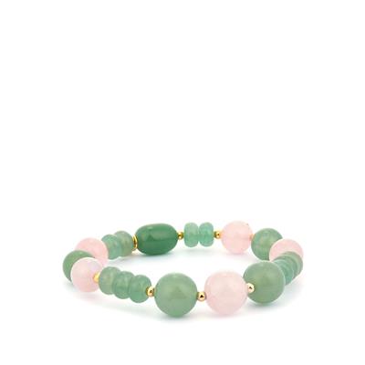 Green Aventurine Stretchable Bracelet with Rose Quartz in Gold Tone Sterling Silver 119.25cts