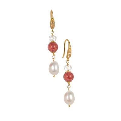 Kaori Freshwater Cultured Pearl, Strawberry Quartz, White Zircon & Optic Quartz Earrings in Gold Tone Sterling Silver 