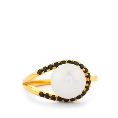 South Sea Cultured Pearl Ring with Black Spinel in Gold Tone Sterling Silver (9mm)