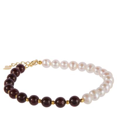 Red Garnet Bracelet with Kaori Freshwater Cultured Pearl in Gold Tone Sterling Silver 