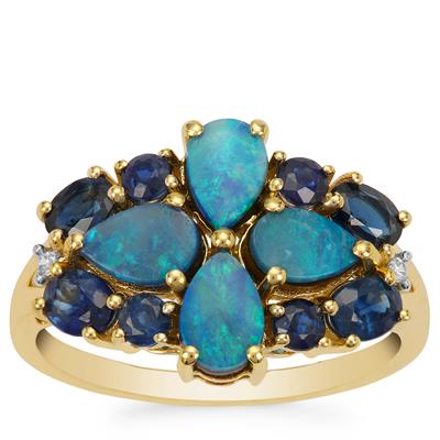 Crystal Opal on Ironstone,Australian Blue Sapphire Ring with White Zircon in 9K Gold 