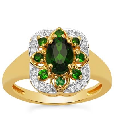 Chrome Diopside Ring with White Zircon in Gold Plated Sterling Silver 1cts