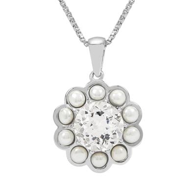 Kaori Cultured Pearl Slider Necklace with White Topaz in Platinum Plated Sterling Silver (3mm)