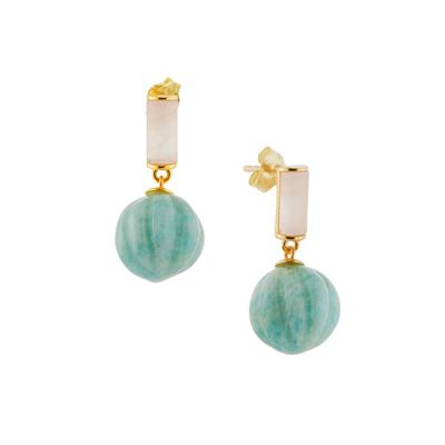 Amazonite Earrings with Rose Quartz in Gold Tone Sterling Silver 20.90cts 