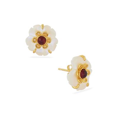 Mother of Pearl Earrings with Garnet in Gold Tone Sterling Silver (15mm)