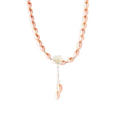 Naturally Papaya Cultured Pearl Necklace with Shell in Sterling Silver ( 7 x 6mm)