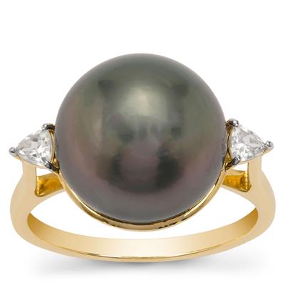 Tahitian Cultured Pearl Ring with White Zircon in 9K Gold (13 MM)