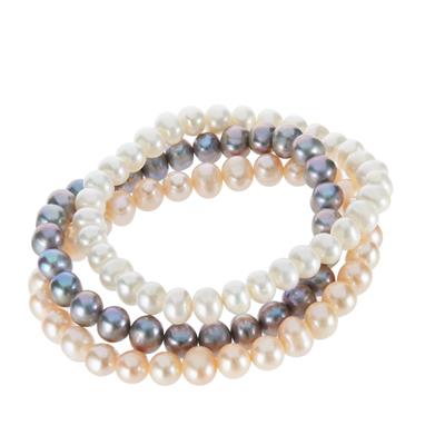 Naturally Papaya Cultured Pearl & Freshwater Cultured Pearl Set of 3 Stretchble Bracelets (6mm)