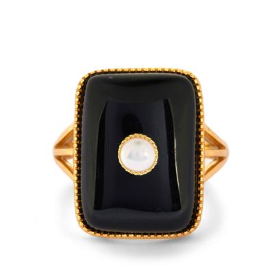 Black Agate Ring With Freshwater Cultured Pearl in Gold Tone Sterling Silver (3mm)