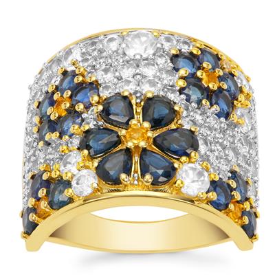 Australian Blue Sapphire, Yellow Tourmaline Ring with White Zircon in Gold Plated Sterling Silver 5.85cts