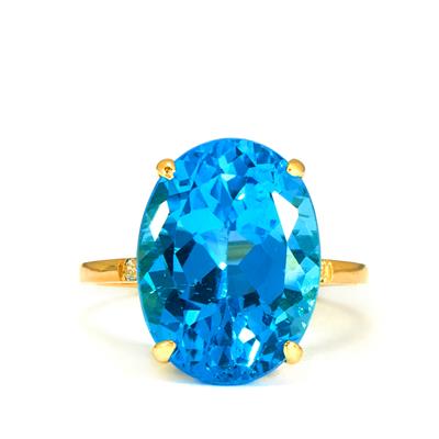 Swiss Blue Topaz Ring with White Zircon in 9K Gold 12.21cts
