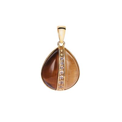 Yellow & Golden Tiger's Eye with White Zircon Pendant in Gold Tone Sterling Silver 8cts