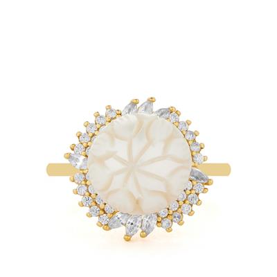 Freshwater Cultured Carved Pearl Ring with White Zircon in Gold Tone Sterling Silver (10.50mm)