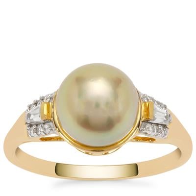 Golden South Sea Cultured Pearl Ring with White Zircon in 9K Gold (8mm)