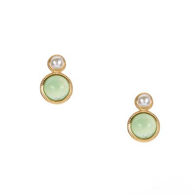 Chrysoprase Earrings with Kaori Cultured Pearl in Gold Tone Sterling Silver