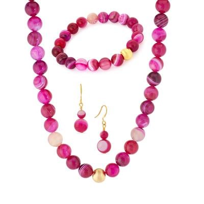 Pink Agate Set of Necklace, Bracelet & Earrings in Gold Tone Sterling Silver 480cts