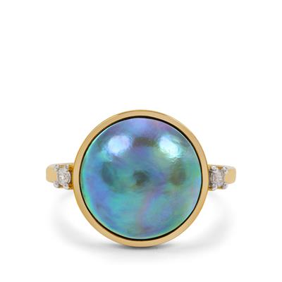 EYRIS BLUE PAUA Cultured Pearl Ring with White Zircon in 9K Gold (13MM)