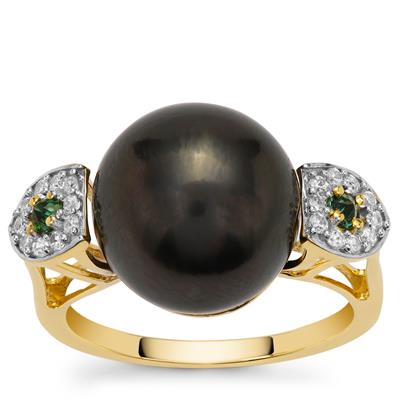 Tahitian Cultured Pearl, Blue Green Tourmaline Pearl Ring with White Zircon in 9K Gold 12mm)