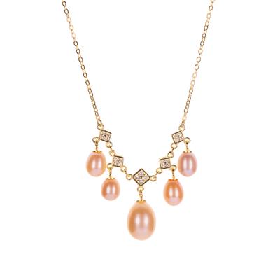 Naturally Papaya  Cultured Pearl Necklace with White Topaz in Gold Tone Sterling Silver