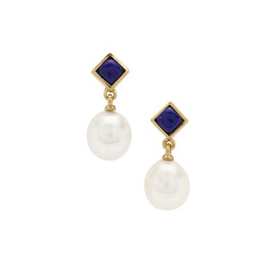 South Sea Cultured Pearl Earrings with Sar-i-Sang Lapis Lazuli in Gold Plated Sterling Silver (9mm)