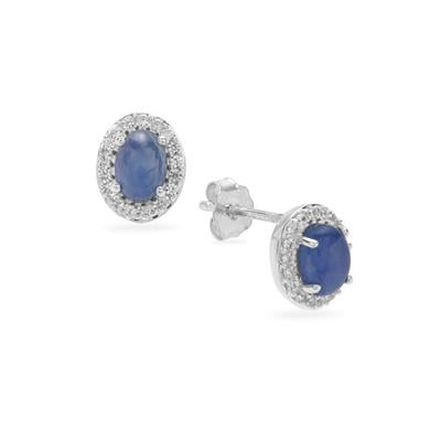Burmese Blue Sapphire Earrings with White Zircon in Sterling Silver 1.45cts