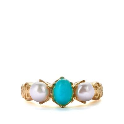 Turquoise Ring with Kaori Cultured Pearl in Gold Tone Sterling Silver