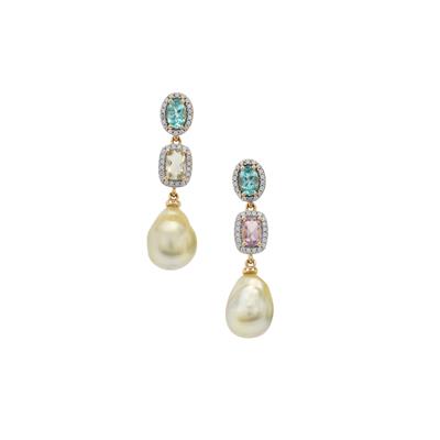 'The Apollo & Artemis Earrings' Golden South Sea Cultured Pearl Earrings with Multi Gemstones in 9K Gold (10mm)