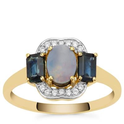 Crystal Opal on Ironstone, Australian Blue Sapphire Ring with  White Zircon in 9K Gold 
