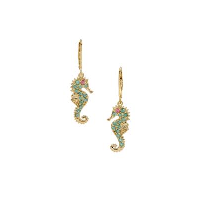 Pink Tourmaline Earrings with Blue Green Tourmaline in Gold Plated Sterling Silver 0.90ct