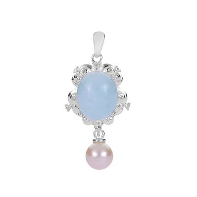 Kaori Cultured Pearl and Aquamarine Pendant with White Topaz in Sterling Silver 