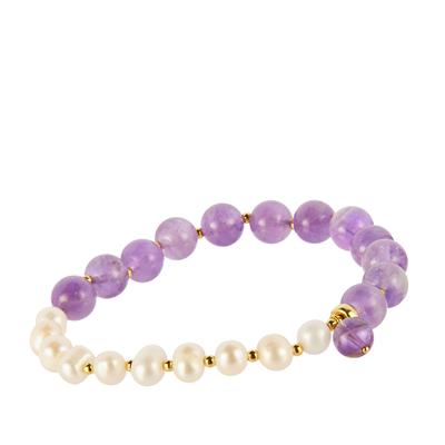 Amethyst Stretchable Bracelet with Freshwater Cultured Pearl in Gold Flash Sterling Silver 
