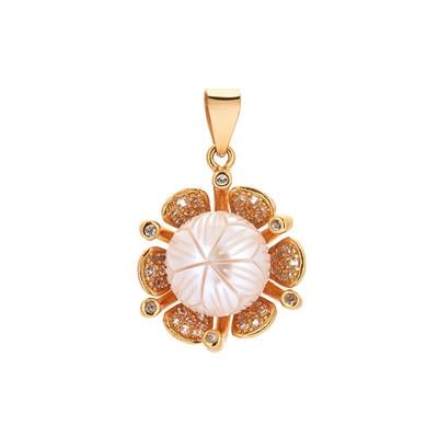 Freshwater Cultured Carved Pearl Pendant with White Zircon in Gold Tone Sterling Silver (10mm)               