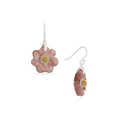 Strawberry Quartz Carved Flowers with Opal & White Topaz Sterling Silver Earrings 20.45cts